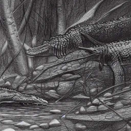 Prompt: A pencil sketch of three crocodiles walking to a stream in a deep forest , very high detailed