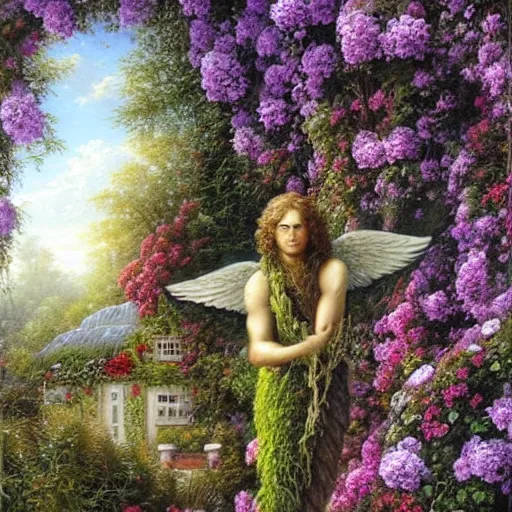 Image similar to a majestic winged male garden angel with a beard made of moss, he is clothed in vines and flowers standing in front of a beautiful cottage, an oil painting by thomas canty and thomas kincade