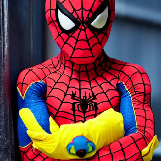 Image similar to spiderman wearing spongebob costume, straight photo, centered