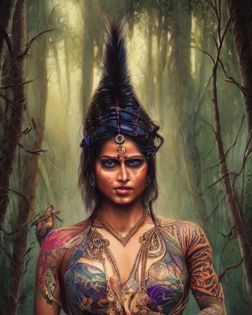Prompt: a tattooed indian female warrior wearing a magical leotard in a magical forest, hyper realistic face, hyper realistic eyes, beautiful detailed eyes, fantasy art, in the style of greg rutkowski, illustration, epic, fantasy, intricate, hyper detailed, artstation, concept art, smooth, sharp focus, vibrant