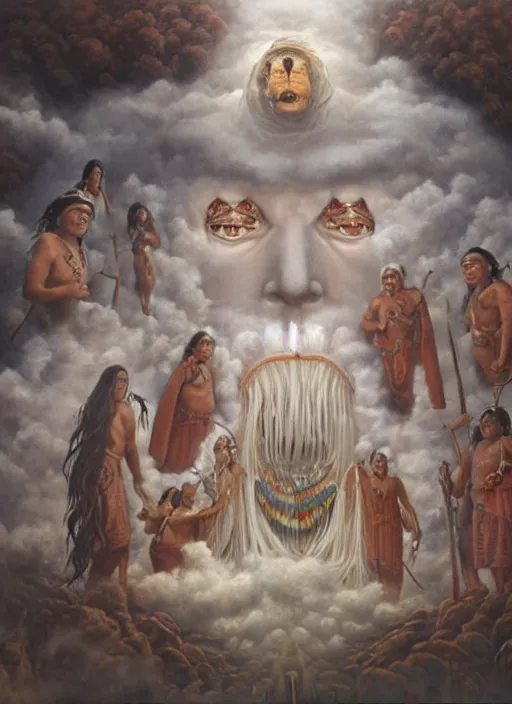 Prompt: faces of indigenous amazonian grandfathers and grandmothers spirits in the clouds, smiling, protection, benevolence, ancestors, detailed faces, symetrical, religious painting, art by christophe vacher and alez gray