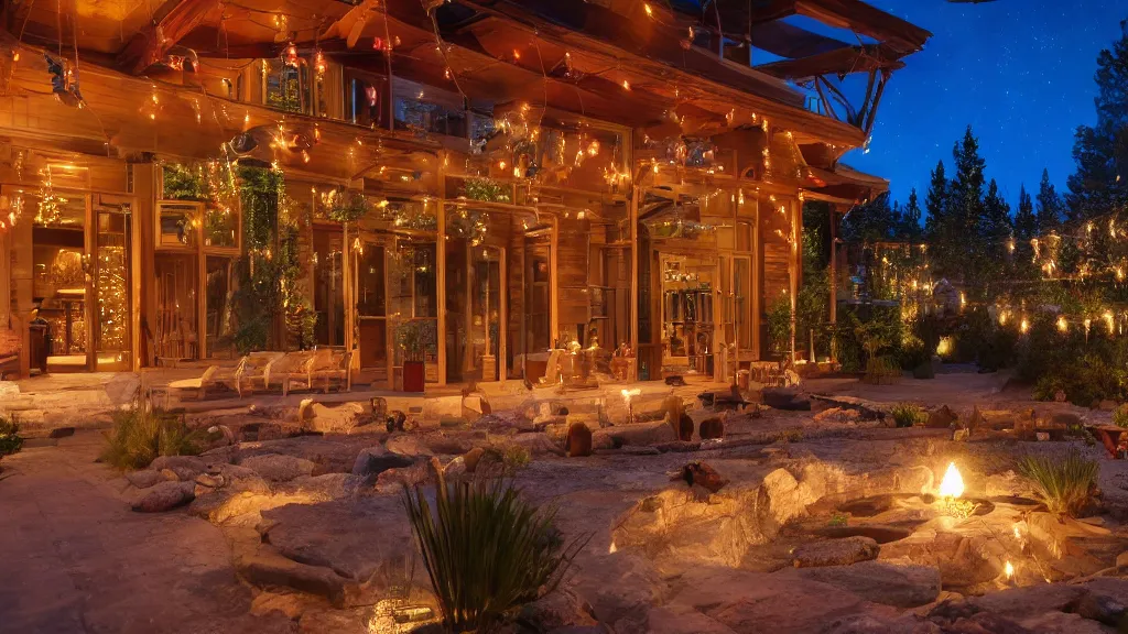 Image similar to party at midnight, in a modern house, peyote colors, fire pit, pool, hot tub, sauna, candles, people, cozy, warm, beautiful, cozy environment, ornate, intricate, glowing emitting light ornaments, 8 k, rule of thirds, cinematic, highly detailed, movie still