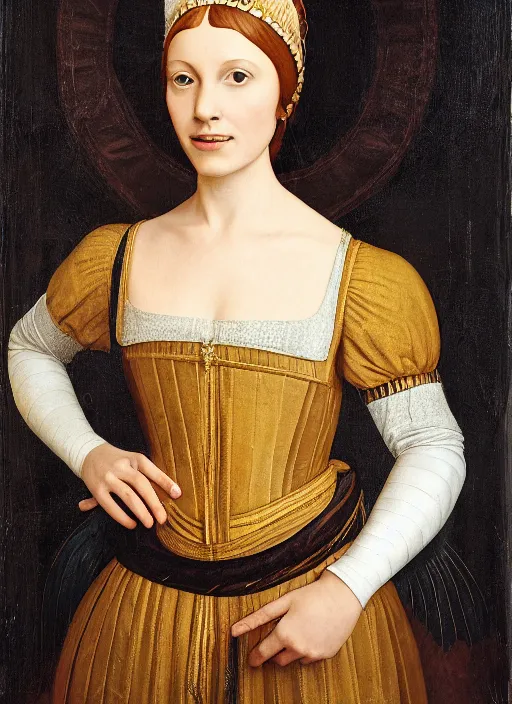 Image similar to portrait of young woman in renaissance dress and renaissance headdress, style by the fifth element