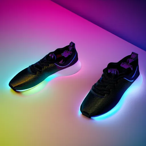 Image similar to high quality photorealistic octane 3 d render of bioluminescent sneakers floating in empty space, metallic laces, ribbed detailing, black base colour, flame pattern on lower. emissive, bloom, volumetric, ray - tracing, bjork