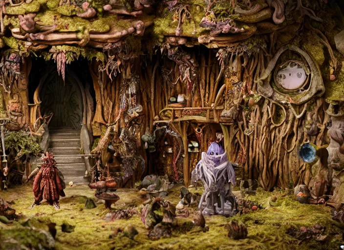 Prompt: detailed studio photography of a fantasy claymation diorama of the dark crystal, zeiss lens, detailed, by erwin olaf, joop geesink, wes anderson, jim henson, brian froud, breathtaking, 8 k resolution, beautiful lighting, studio light, extremely detailed, beautiful, establishing shot, realistic materials, weta digital fx manuka, unreal engine, hyperrealistic