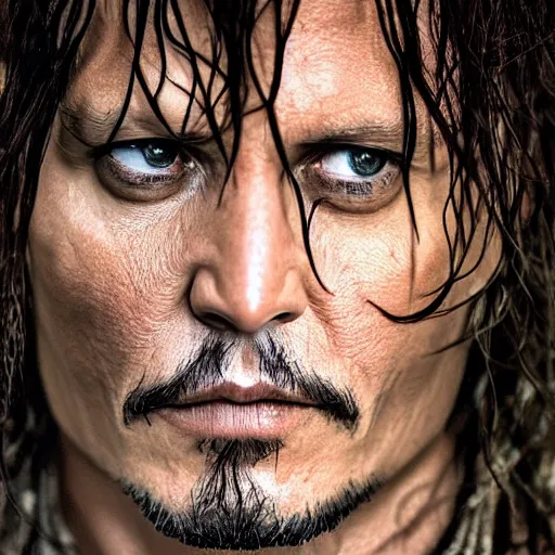 Prompt: symmetry!! portrait of johnny depp starring in the lord of the rings as aragorn, detailed - face!!, wide - angle!!, cinematic, intricate, elegant, highly detailed, film still, nikon, canon eos, zeiss lens, dramatic lighting, sharp - focus!!, photography!!