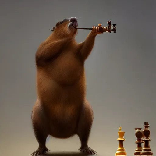 Prompt: detailed photorealistic painting of a capybara holding a chess piece, sharp focus in the style of ruan jia, Mandy jurgens, cinematic light, concept art, trending on artstation, ultra realistic