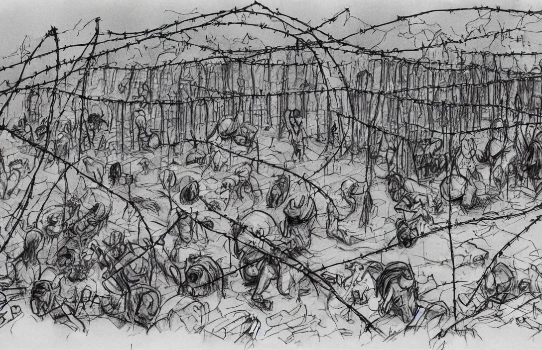 Image similar to milt kahl sketch of zombie apocalypse resistance camp with barbed wire fencing