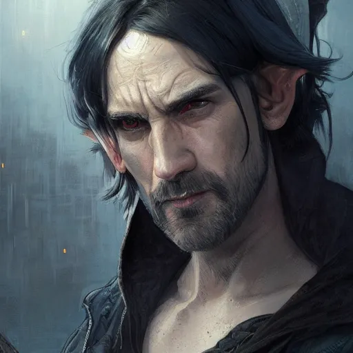 Image similar to portrait of a hooded half - elf middle aged man with black hair in a suburb, strong, angry, fantasy, highly detailed, digital painting, artstation, concept art, character art, art by greg rutkowski and tyler jacobson and alphonse mucha