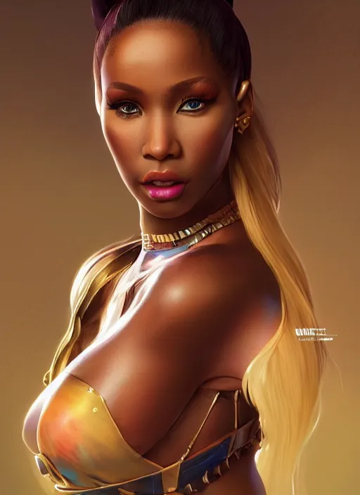 Image similar to nicki minaj, au naturel, hyper detailed, digital art, trending in artstation, cinematic lighting, studio quality, smooth render, unreal engine 5 rendered, octane rendered, art style by klimt and nixeu and ian sprigger and wlop and krenz cushart