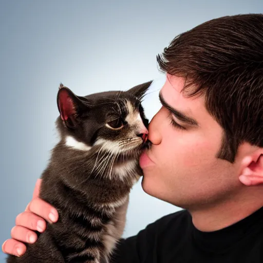 Prompt: man kissing cat sweetly