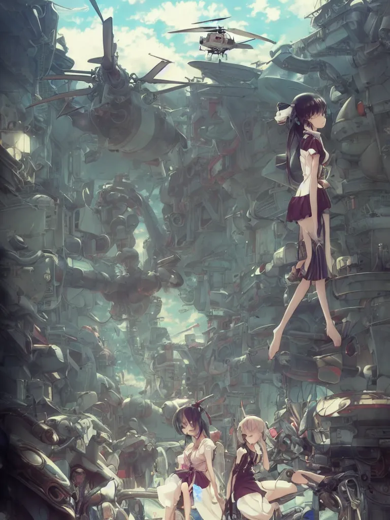 Image similar to Epic scene of a beautiful anime girl, Alice in Wonderland style, standing in front of a cyborg repair shop, while a futuristic military helicopter flies overhead, by Greg Rutkowski and Krenz Cushart and Pan_Ren_Wei and Hongkun_st and Bo Chen and Enze Fu and WLOP and Alex Chow, Madhouse Inc., anime style, crepuscular rays, Alice in Wonderland with a futuristic cyberpunk Tokyo street theme, dapped light, dark fantasy, cgsociety, trending on artstation