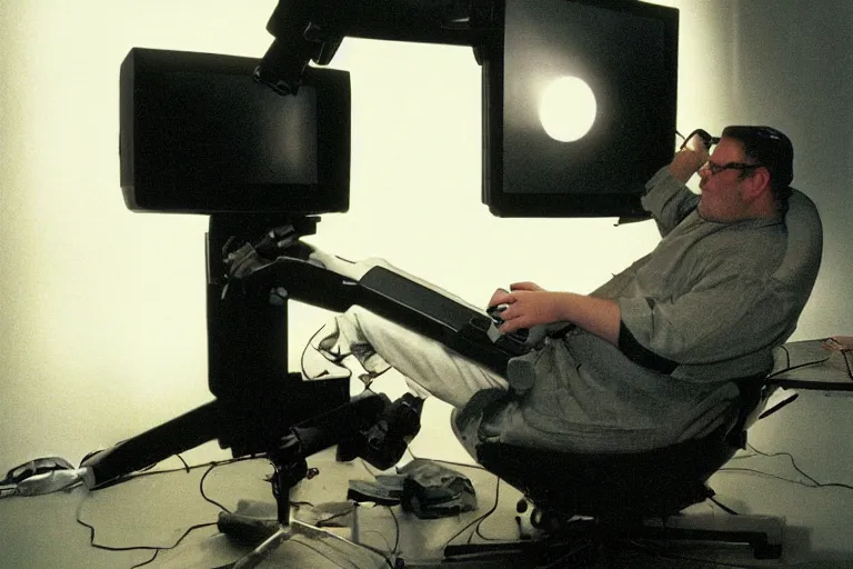 Image similar to large man with a robot arm sitting in a gamer chair, from 1999, bathed in the glow of a crt television, crt screens in background, low-light photograph, in style of terry richardson