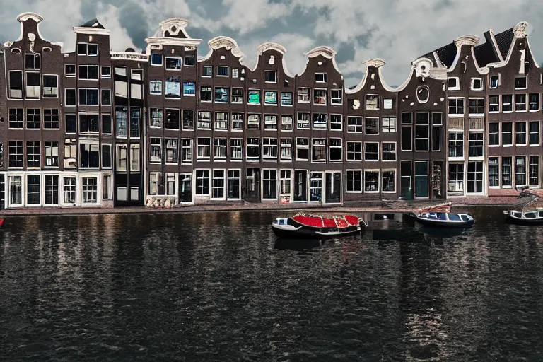 Prompt: view of houses in amsterdam, with water and boats, photography, 3 5 mm, hyper realistic, 8 k, unreal engine