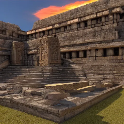 Prompt: an archviz render of a Aztec Temple, torches lit, unreal engine, vray, volumetric lighting, ray tracing, real time ray tracing