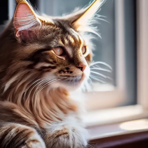 Image similar to portrait cream color maine coon cat curled up, bay window sofa, 8K, 4K, by Antoine Blanchard, oversaturated lens flair, bokeh, sunbeam