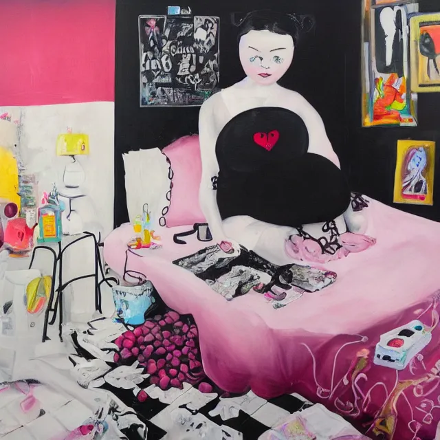 Image similar to a portrait in a female artist's bedroom, black walls, emo girl riding an inflatable pig, sheet music, berries, surgical supplies, pancakes, black flowers, sensual, octopus, neo - expressionism, surrealism, acrylic and spray paint and oilstick on canvas