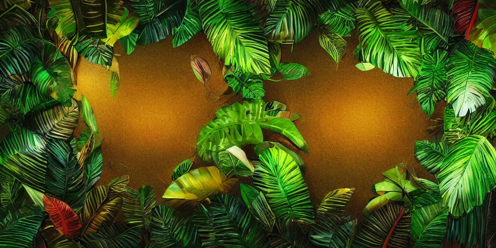 Image similar to Amazonian jungle night scene with tropical plants and leaves falling from tree and a rectangular colorful neon tube in the form of a rectangle placed in the exact center , unreal 5, hyperrealistic, realistic, photorealistic, dynamic lighting, highly detailed, cinematic landscape, studio landscape, studio lighting