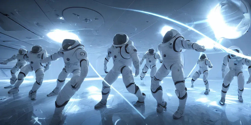 Image similar to futuristic spacemen firing lasers in zero gravity, skintight suits, floating, bright white light, floating white obstacles, surrounded by a laser grid, unreal engine, lensflares, low perspective