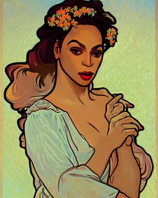 Image similar to a portrait painting of ( ( ( beyonce ) ) ) in the style of alphonse mucha!!!