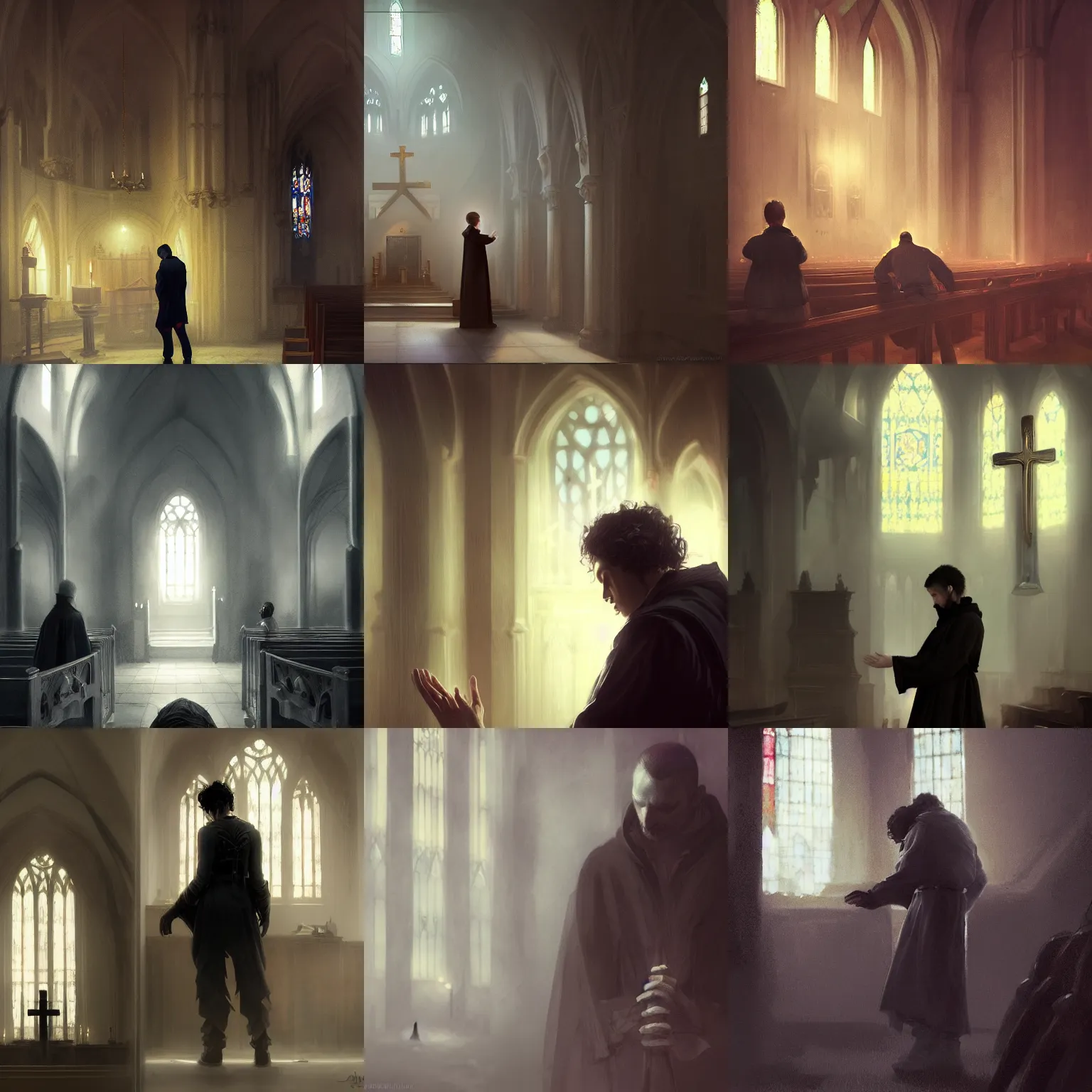 Prompt: man praying in church, young, male, short curly hair, gothic, romantic era garb, brooding, ethereal, cinematic lighting, digital painting, digital art art by bayard wu and valentina remenar, trending on artstation