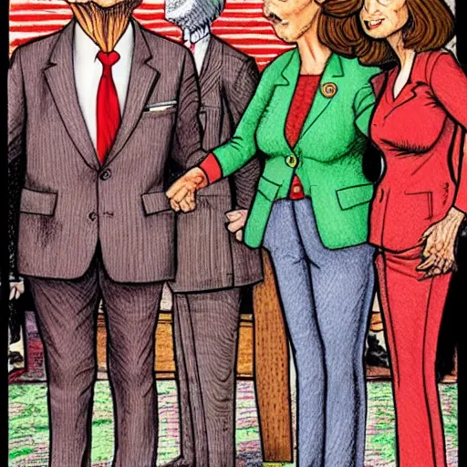 Image similar to The Artwork of R. Crumb and his Cheap Suit Mitch McConnell and Nancy Pelosi, pencil and colored marker artwork, trailer-trash lifestyle