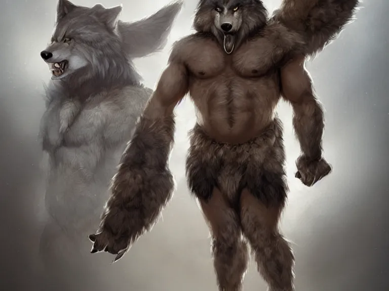 Prompt: burly tough character feature portrait of the anthro male anthropomorphic wolf fursona animal person wearing tribal primitive caveman loincloth outfit full wolf fur body standing in the entrance to the cave, center framed character design stylized by charlie bowater, ross tran, artgerm, makoto shinkai, detailed, soft lighting, rendered in octane