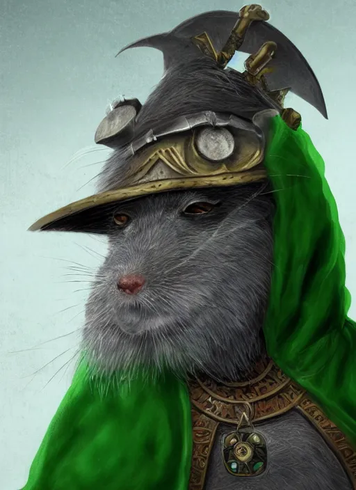 Prompt: a bearded gray humanoid rat with jewelry, green eyes, tricorne hat, green robe, D&D, digital art, realistic, trending on artstation, 4k, sea in the background