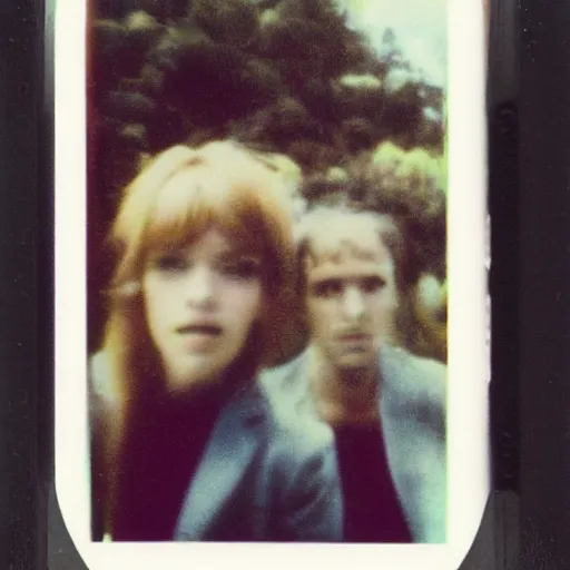 Prompt: old polaroid of a deformed vhs footage of lovers