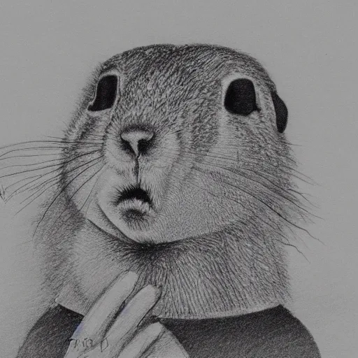 Prompt: a prairie dog wearing a predator mask, black and white sketch