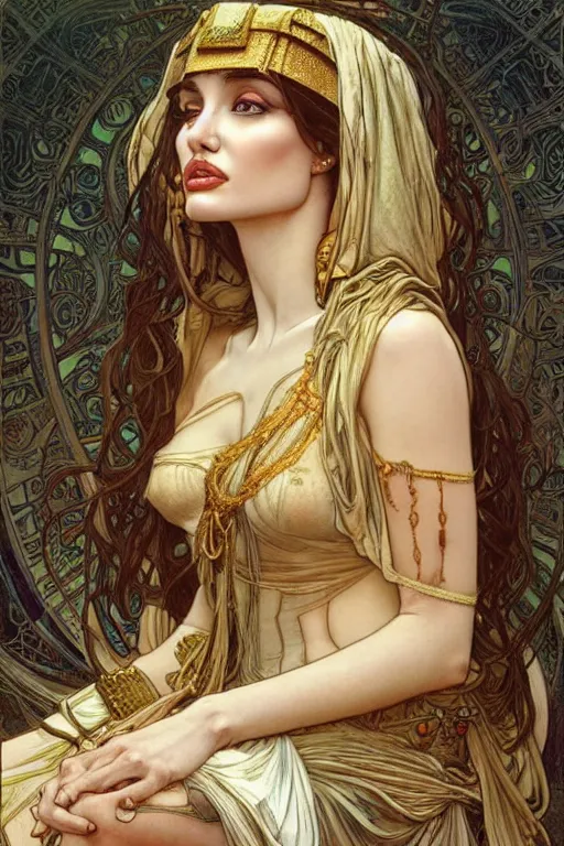Prompt: realistic detailed face portrait of young Angelina Jolie as Cleopatra by Alphonse Mucha, Ayami Kojima, Amano, Charlie Bowater, Karol Bak, Greg Hildebrandt, Jean Delville, and Mark Brooks, Art Nouveau, Neo-Gothic, Surreality, gothic, rich deep moody colors