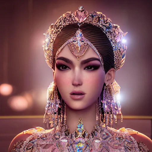 Image similar to portrait of pretty princess with perfect skin, glowing, ornate and intricate diamond jewelry, jaw dropping beauty, ornate and intricate backdrop, white accent lighting, hyper detailed, 4 k octane render