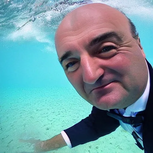 Image similar to kevin o'leary swimming inside the ocean, like a shark, taken by a gopro