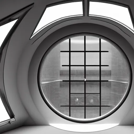 Prompt: small single bedroom inside space ship with round window looking into space, gray metallic walls, style of engine factory room, 1960s, science fiction, ultra realistic, 4k.