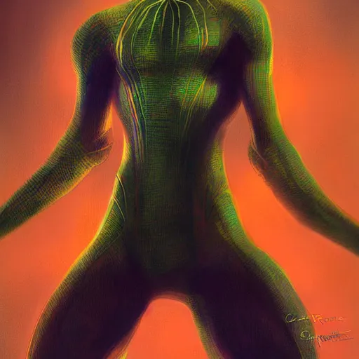 Prompt: an orange and green spiderman by cedric peyravernay