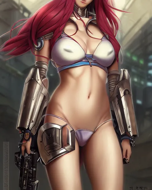 Image similar to portrait Anime Girl in bikini armor cute-fine-face, pretty face, realistic shaded Perfect face, fine details. Anime. Warhammer, futuristic, cyberpunk realistic shaded lighting by katsuhiro otomo ghost-in-the-shell, magali villeneuve, artgerm, rutkowski Jeremy Lipkin and Giuseppe Dangelico Pino and Michael Garmash and Rob Rey