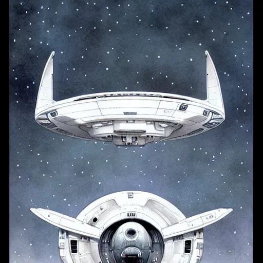 Image similar to design only, white background, symmetry, starship enterprise, by jean - baptiste monge