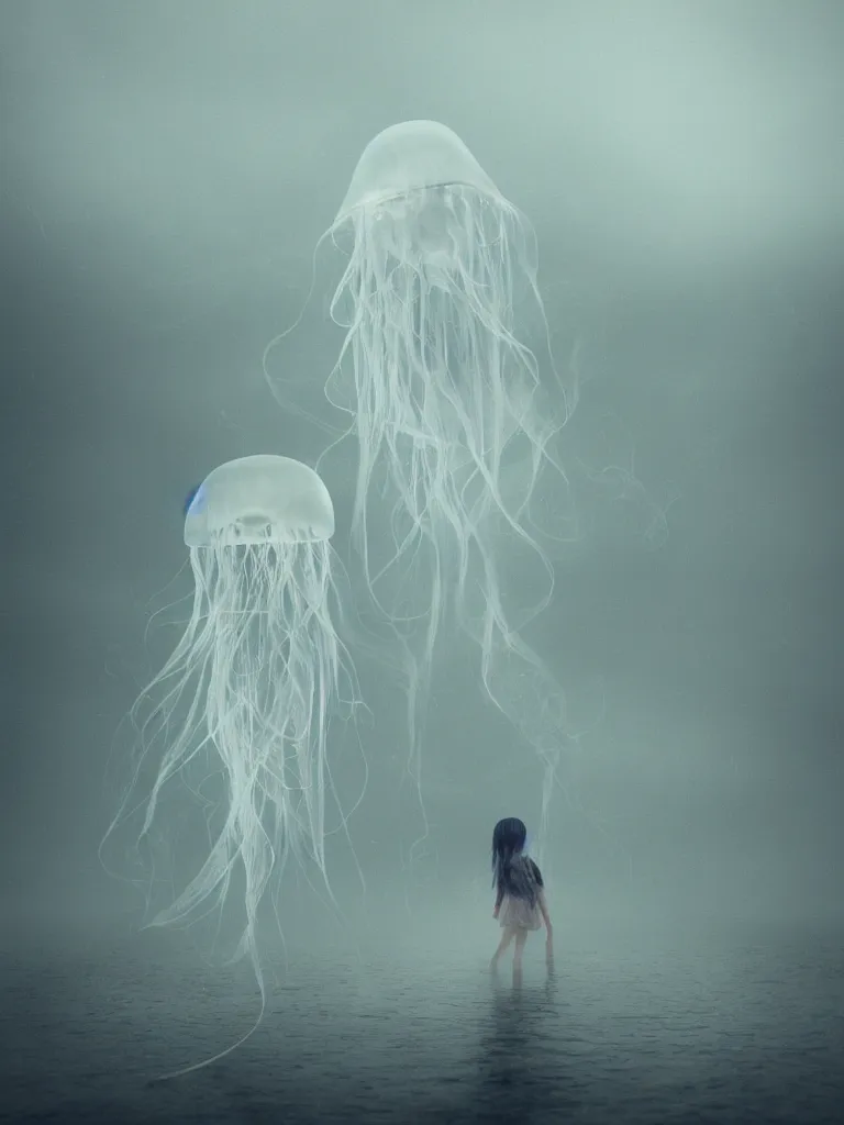 Prompt: cute fumo plush beautiful ectoplasmic gothic skeletal jellyfish ghost girl, glowing milky wisps of hazy smoke and volumetric fog on a stormy reflective river in the rain, heavy rainstorm, lens flare, subsurface scattering, vignette, asymmetry, bokeh, refraction, vray