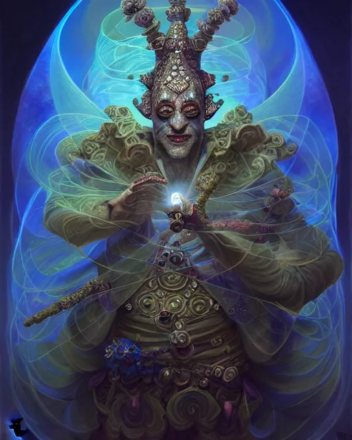 Image similar to front shot of a court jester character, hyperdimensional, bioluminescent hypercubes, ((intricate)), elegant, highly detailed, centered, (((artstation, concept art, smooth, sharp focus, artgerm, Tomasz Alen Kopera, Peter Mohrbacher, donato giancola, Joseph Christian Leyendecker, WLOP, Boris Vallejo))), mugshot!!!!!, ugly!!!!!!, octane render, nvidia raytracing demo, grainy, muted