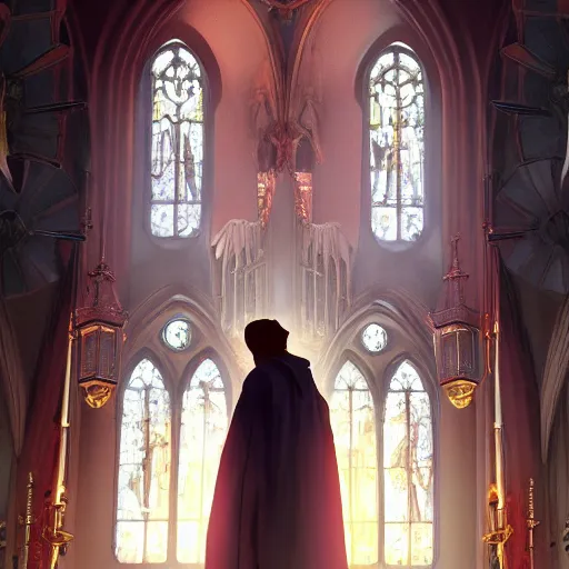 Image similar to angel protecting man who is praying inside a gothic church by Stanley Artgerm Lau, WLOP, Rossdraws, James Jean, Andrei Riabovitchev, Marc Simonetti, Yoshitaka Amano, ArtStation, CGSociety