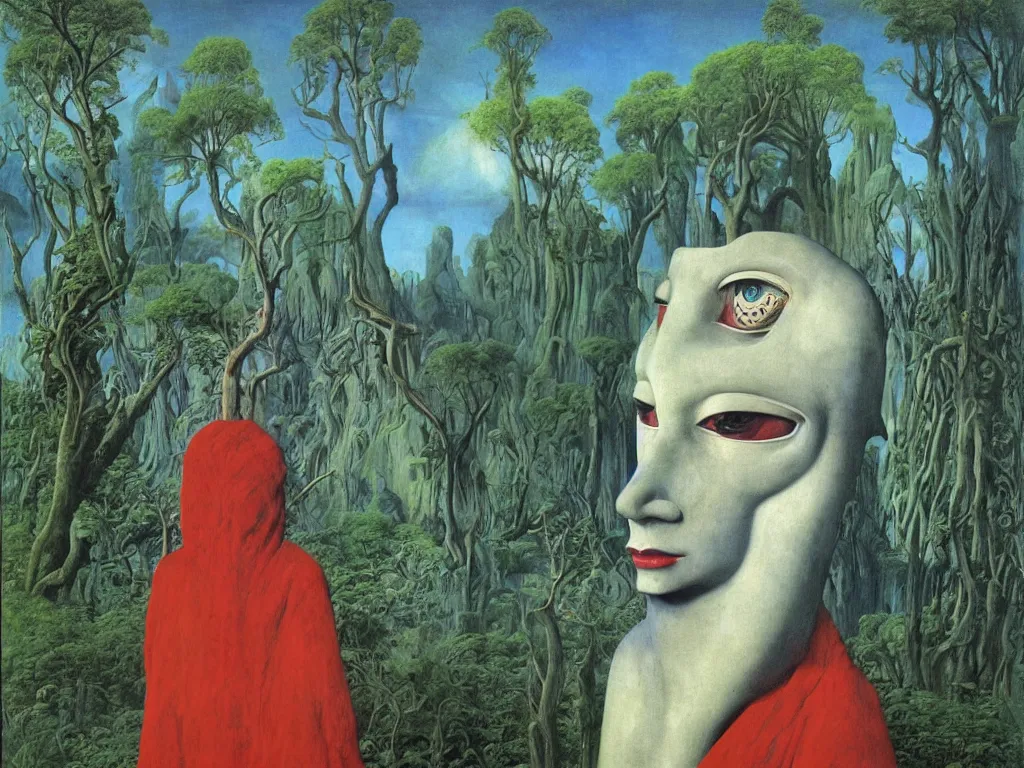 Image similar to Albino mystic with blue eyes, looking in the distance at giant Oceanian totemic archaic sculpture mound mask made from Malachite in the strange ravine. Painting by Jan van Eyck, Beksinski, Rene Magritte, Agnes Pelton, Max Ernst, Walton Ford