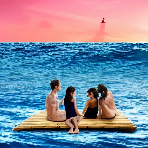 Image similar to four people stranded in the ocean on a wooden raft, ultra realistic, photorealism, 8 k, bokeh still from the movie