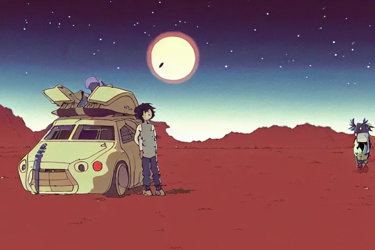 Image similar to a still from a studio ghibli film of a alien mothership beaming up a boy from princess mononoke ( 2 0 0 4 ) at night on a desert road, full body, wide shot, very muted colors, post grunge, studio ghibli, laurie greasley, highly detailed, deviantart, art by artgem