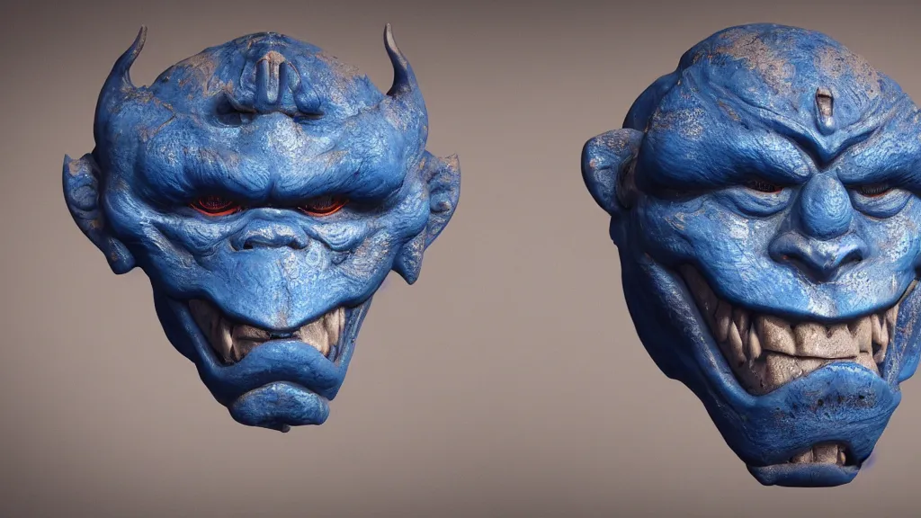 Image similar to a photorealistic dramatic hyperrealistic blue japanese oni mask, ultra realistic details, cinematic atmosphere, global illumination, shadows, octane render, 8 k