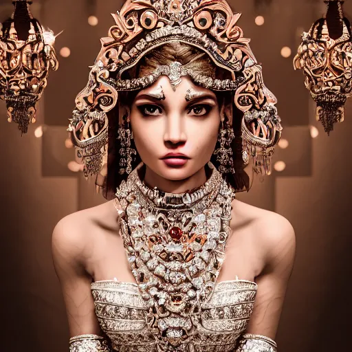 Image similar to portrait of pretty princess with perfect skin, glowing, ornate and intricate diamond jewelry, jaw dropping beauty, ornate and intricate backdrop, white accent lighting, hyper detailed, 4 k octane render