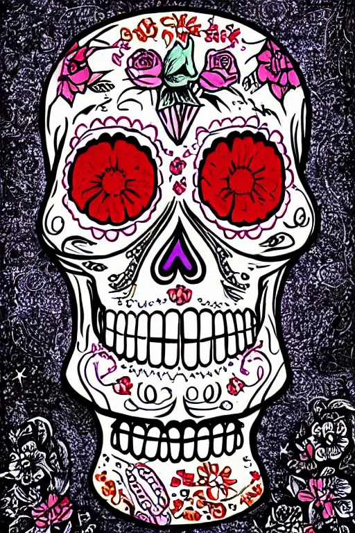 Image similar to illustration of a sugar skull day of the dead girl, art by hunter s thompson