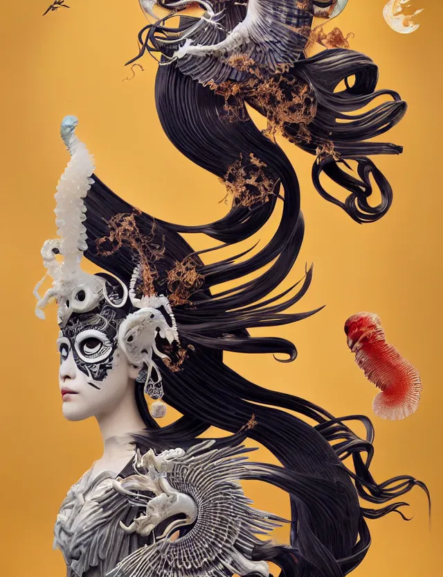 Image similar to 3 d goddess half - turn portrait with ram skull. beautiful intricately detailed japanese crow kitsune mask and clasical japanese kimono. betta fish, jellyfish phoenix, bio luminescent, plasma, ice, water, wind, creature, artwork by tooth wu and wlop and beeple and greg rutkowski