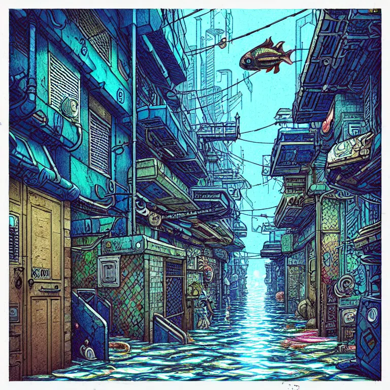 Image similar to an absurdly-detailed cyberpunk alleyway colored-pen drawing as a fancy square tile. Sea-life in a submerged-city.