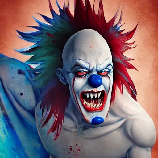 Image similar to 4K headshot of godlike clown with blue skin with defined arms and open hands and bloody clothes with giant mandala wings , white intricate scary clown makeup , flawless anime cel animation by Kentaro Miura, psychedelic , highly detailed upper body , professionally post-processed , beautiful, scary, symmetry accurate features, epic, octane rendered, anime masterpiece, accurate