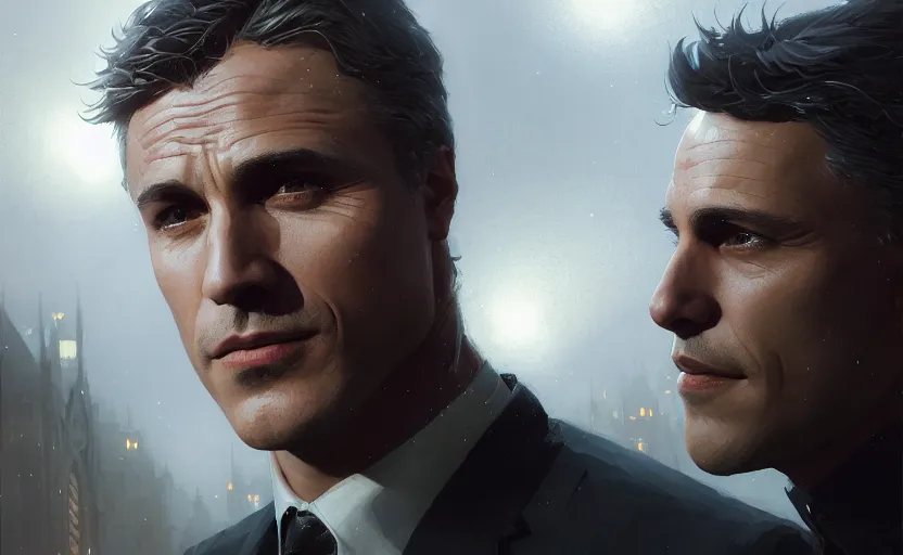 Image similar to highly detailed portrait of christoph waltz as bruce wayne, in batman comic book, stephen bliss, unreal engine, fantasy art by greg rutkowski, loish, rhads, ferdinand knab, makoto shinkai and lois van baarle, ilya kuvshinov, rossdraws, tom bagshaw, global illumination, radiant light, detailed and intricate environment